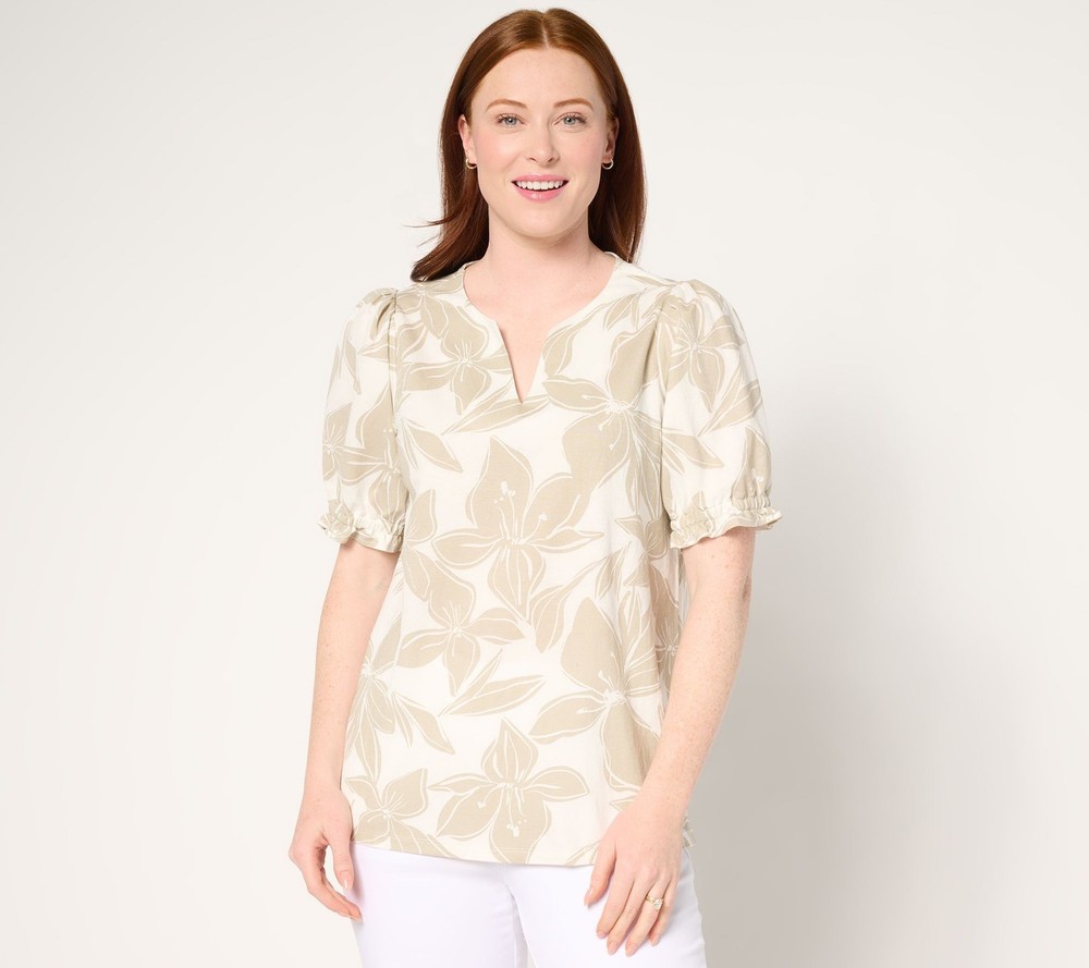 Belle by Kim Gravel Women's Top Sz L Cabana Knit Hibiscus White A686030