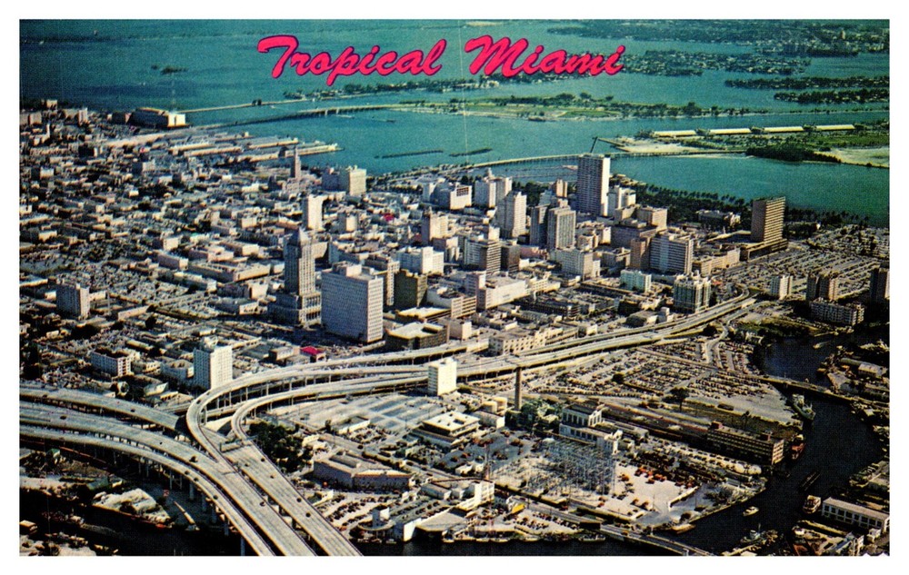 Tropical Miami FL Florida Aerial View Biscayne Bay Chrome Postcard