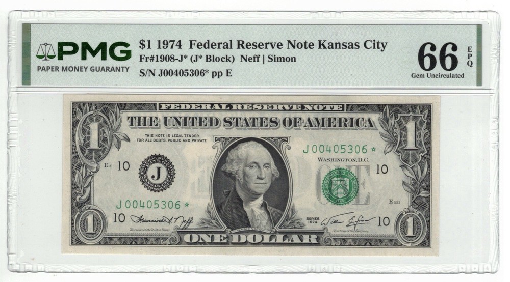 1974 $1 FRN Kansas City Star PMG 66EPQ Fr#1908-J* Only 4 Notes Graded Higher!