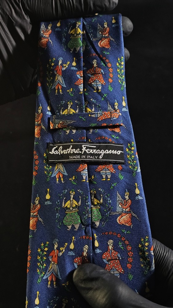 Salvatore Ferragamo Silk Tie Blue Folk Dancer Print Made in Italy FREE SHIPPING