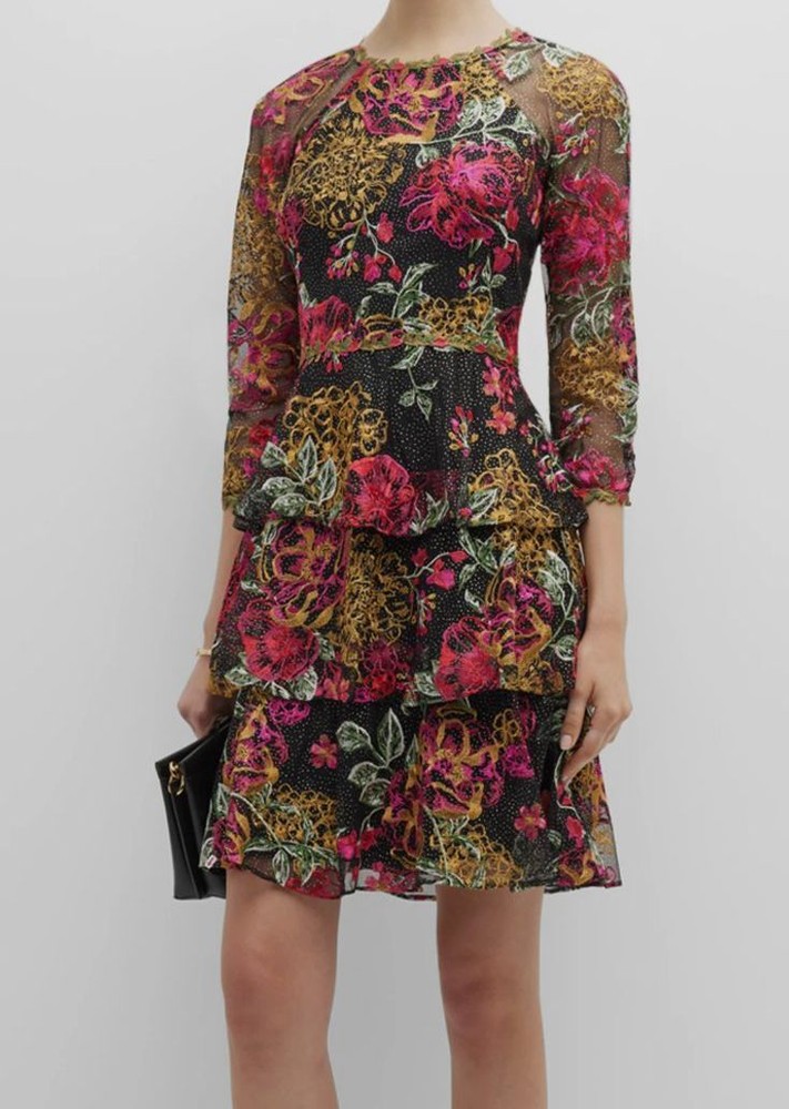 $595 Marchesa Notte Women's Black Tiered Floral Embroidered Tulle Dress 4