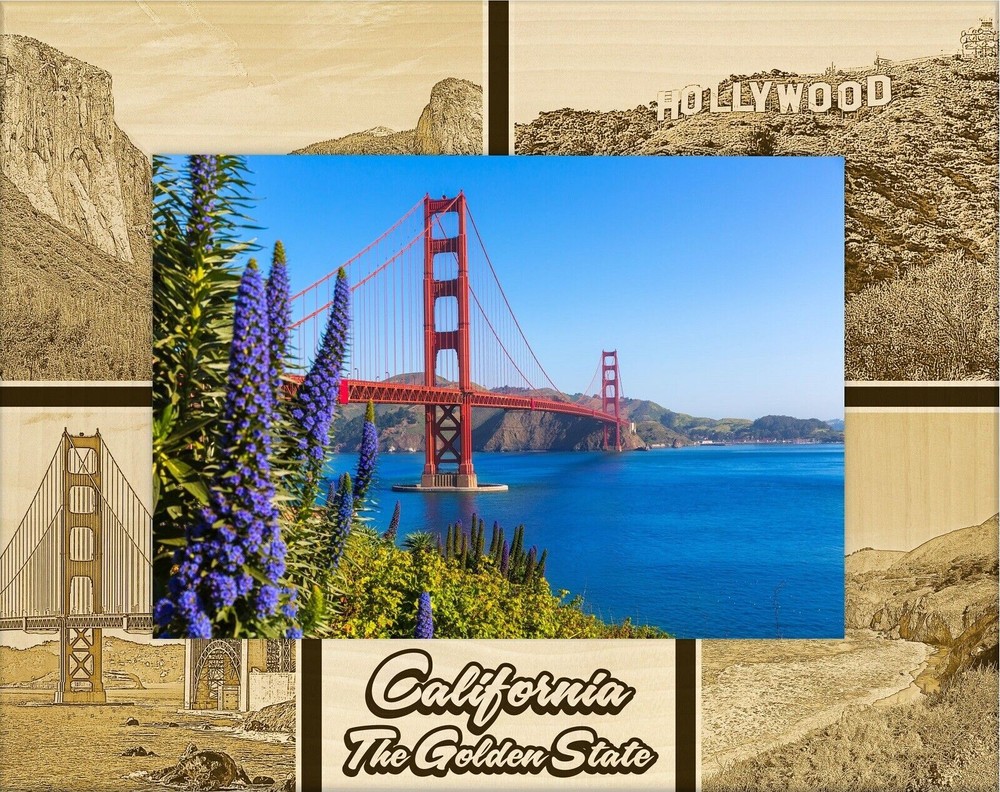 California The Golden State Laser Engraved Wood Picture Frame Landscape (4 x 6)