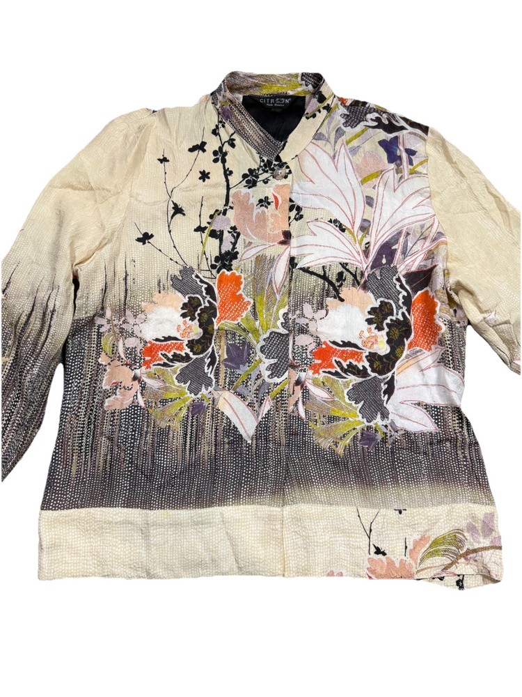 Citron Santa Monica Shirt Silk Floral Button Up  Mandarin Collar Asian Sz Med