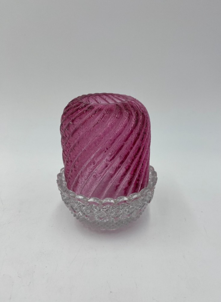 Antique S Clarke Pyramid Fairy Lamp Base w/Pink Ribbed Swirl Dome- Small Chip