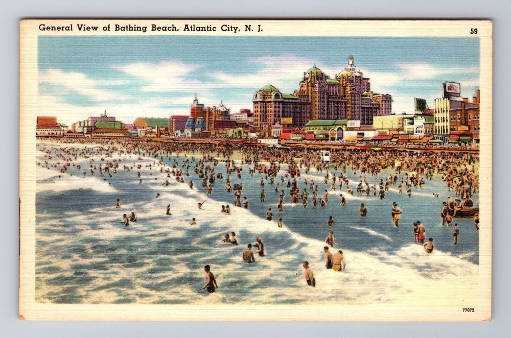 Atlantic City NJ-New Jersey, General View of Bathing Beach, Vintage Postcard