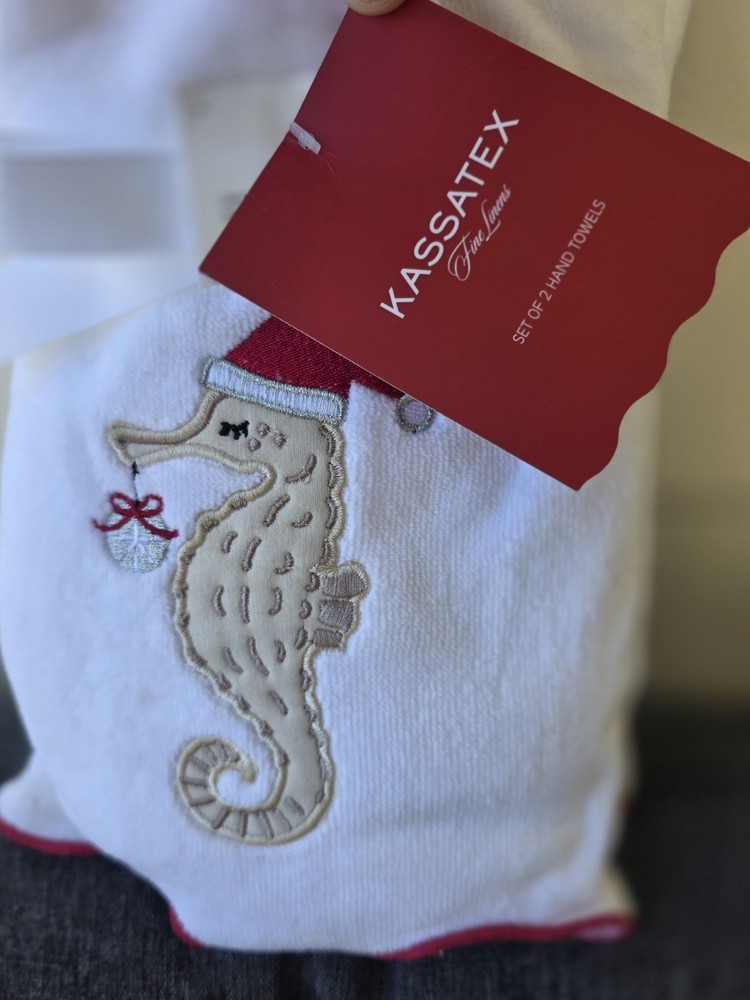 Kassatex Christmas Seahorse Hand Towels Set of 2 Coastal Holiday Bathroom Decor