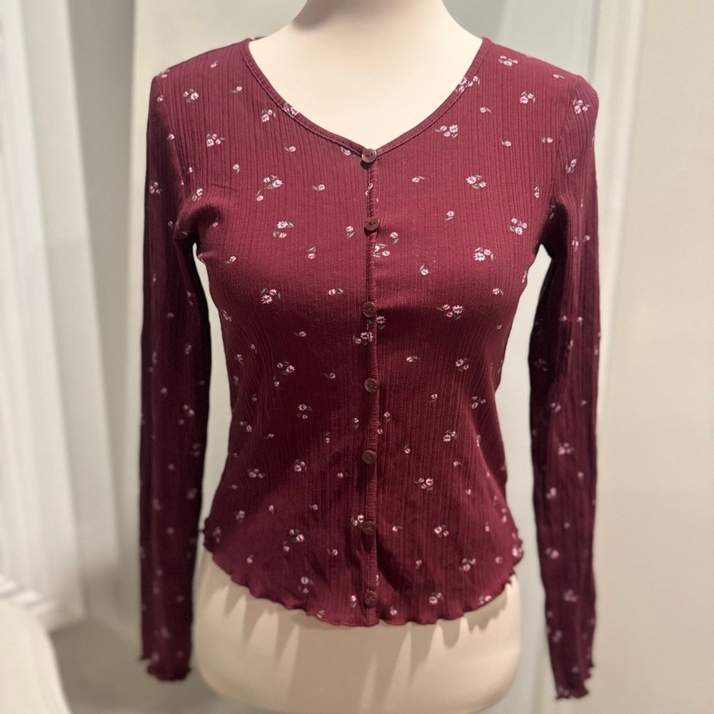 H&M Kids/Teen Burgundy Ditsy Floral Ribbed Button Front Top | Size US 16/18