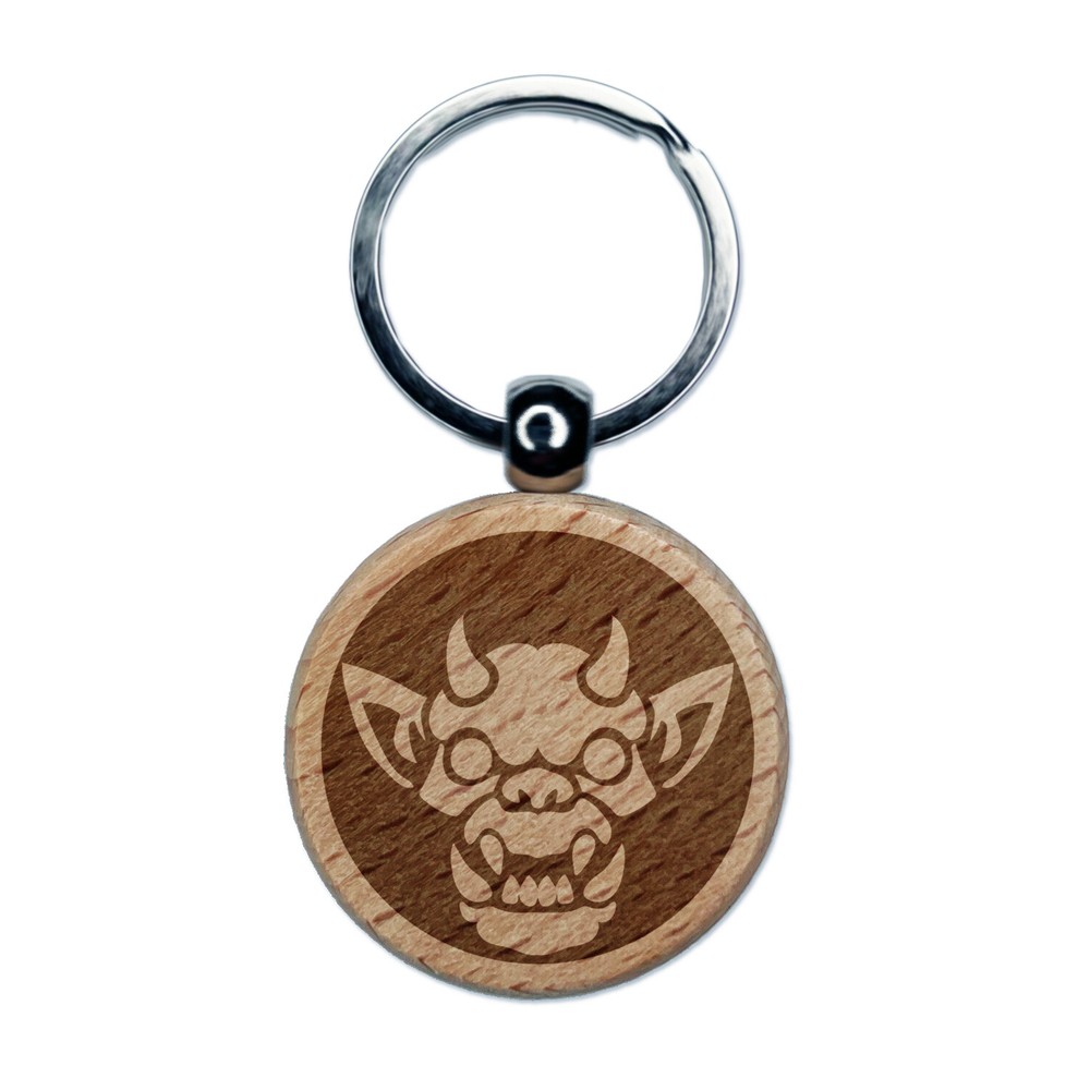 Horned Gargoyle Head Engraved Wood Round Keychain Tag Charm
