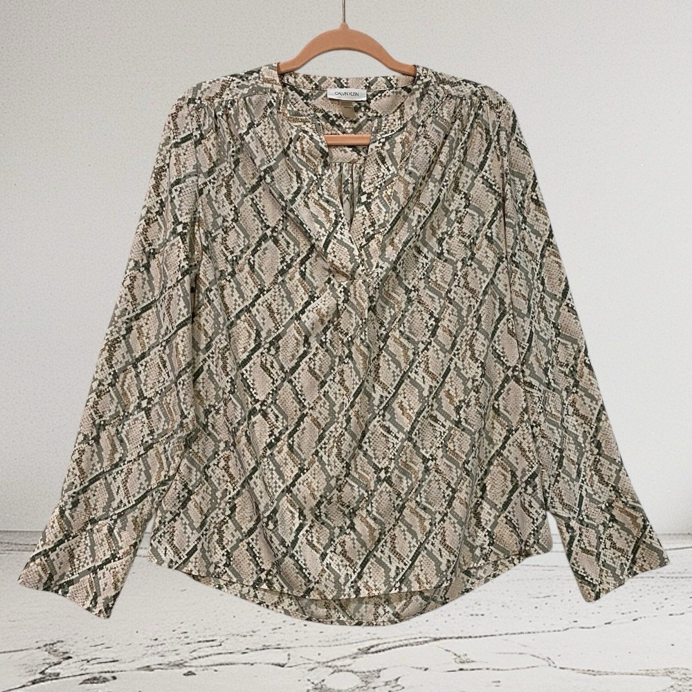 Calvin Klein Snakeskin Print Split Neck Top Women’s Medium Party Career