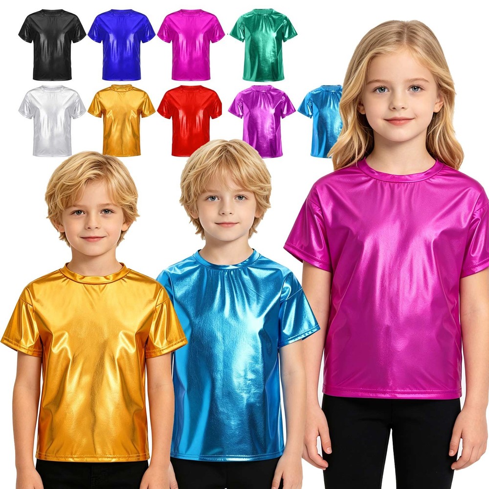 US Boys Girls Shiny Metallic T-Shirts Short Sleeve Dance Tops Stage Performance
