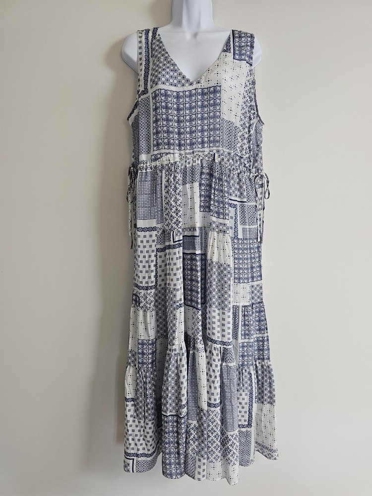 Johnny Was Rinit Dress Womens Large Blue Silk Tiered Patchwork Cottagecore Light