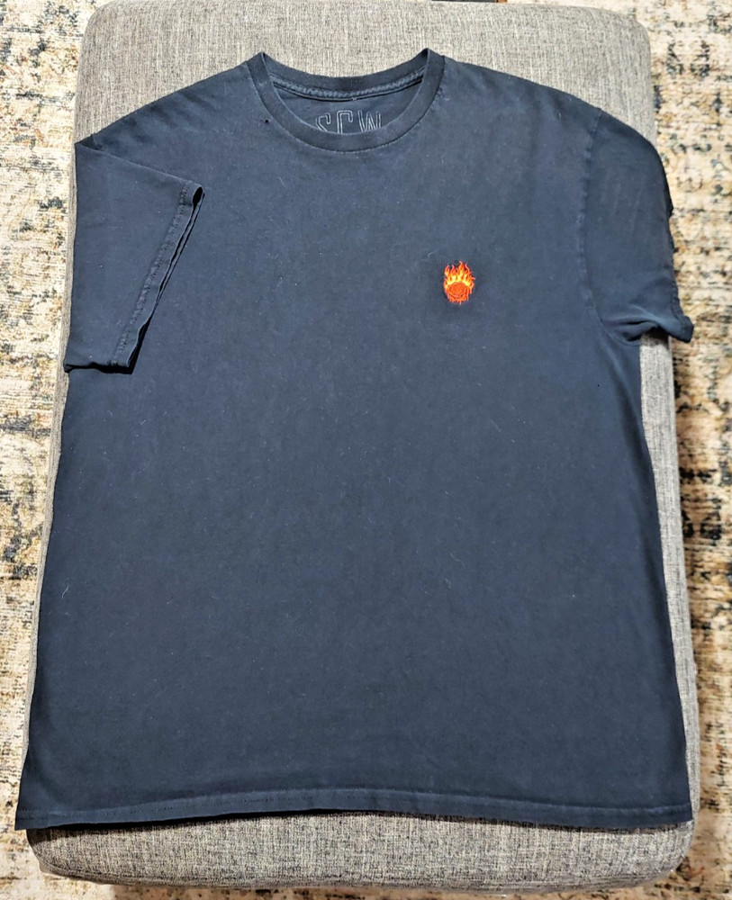 SCW Black Embroidered Flame Rose T-Shirt Mens Large Minimal Streetwear Tee