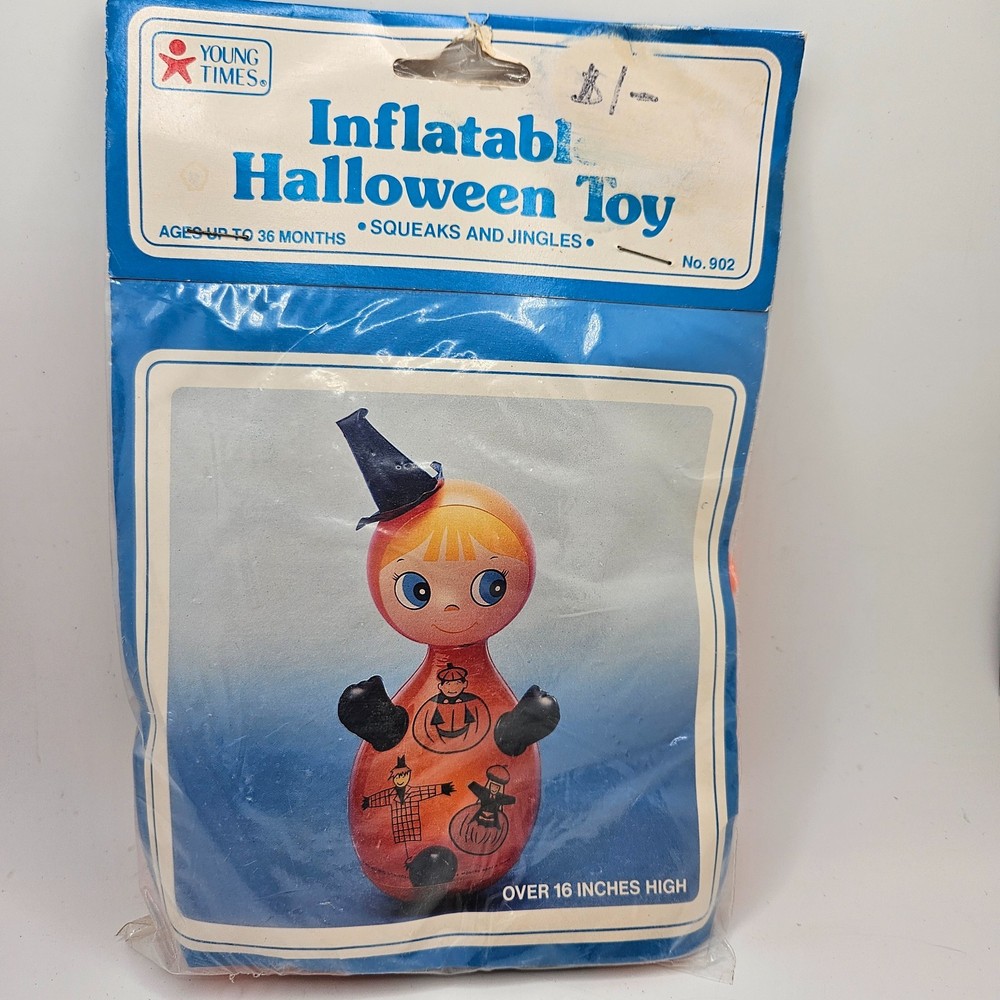 Vintage Inflatable Halloween Toy Witch Pumpkin Squeaks Jingles Sealed NOS