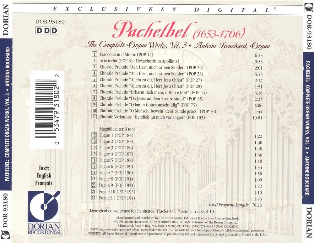 Antoine Bouchard Pachelbel: Organ Works Vol.3 New Cd
