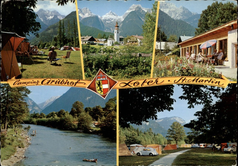 Austria Salzburg Camping Grubhof lake tents VW Bug multiview ~ postcard sku647