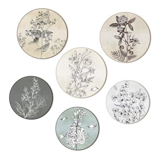 6 Pieces Boho Plant Wall Art Print Set Boho Wooden Wall Print Neutral Round