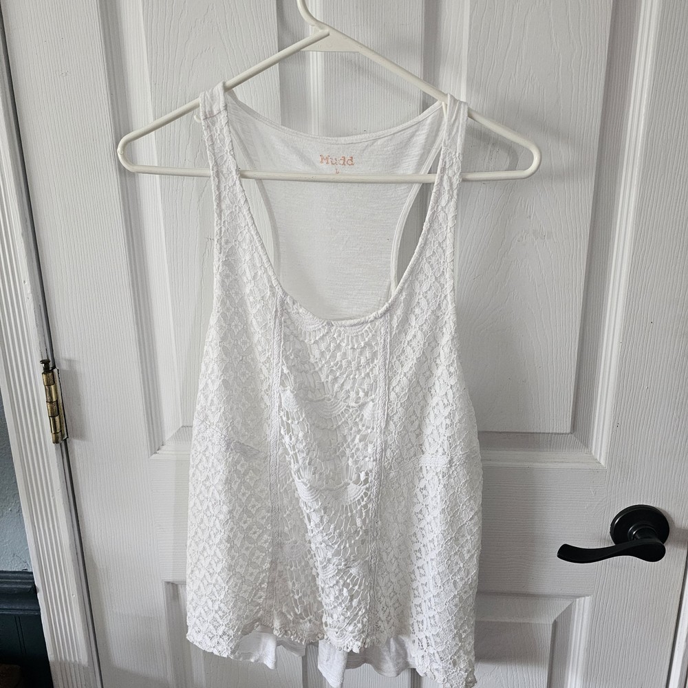 Mudd Womens Tank Top Sleeveless Halter Boho Hippie Lace Crochet White Sz  L