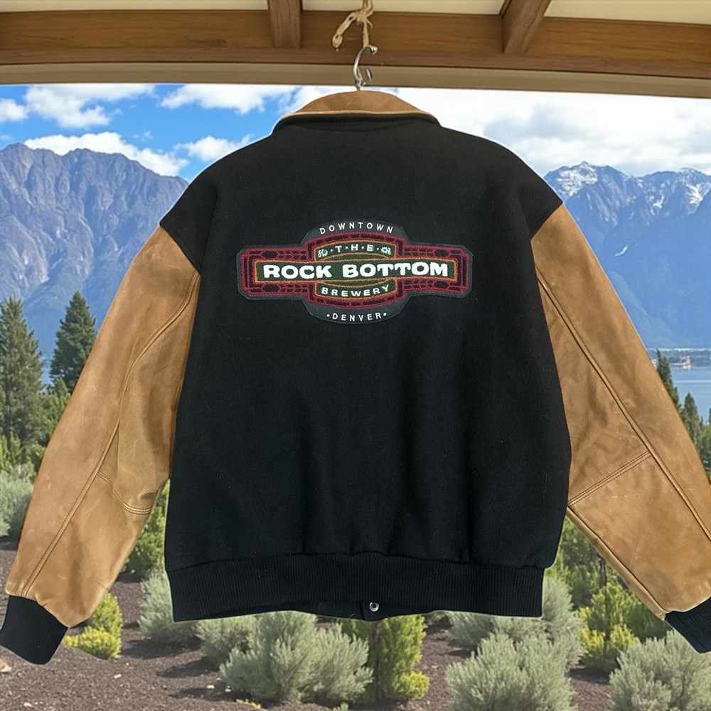 Rock Bottom Brewery Leather Letterman Jacket Size L Denver Colorado USA Beer