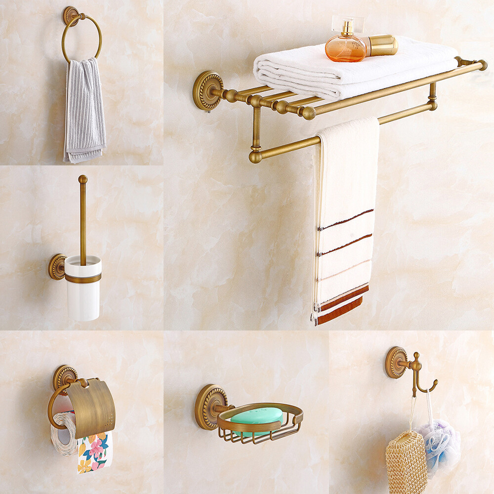 7Pcs Antique Brass Bathroom Accessories Set with Carved Towel Bar