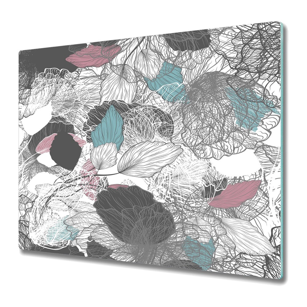 Glass Chopping Cutting Board Abstract Floral grey blue and white large 60x52