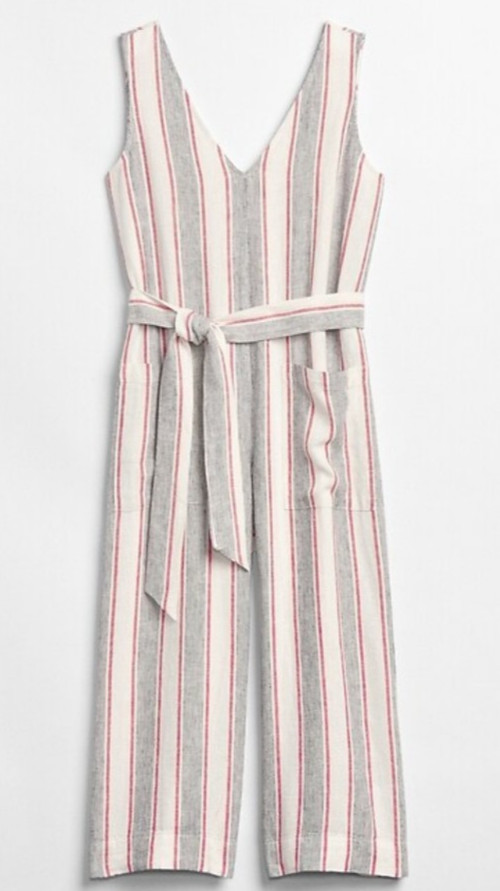 GAP Linen Blend Cropped Tank Jumpsuit White Stripe boho Medium Women's