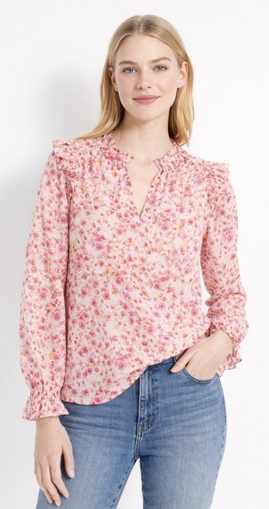 J.Crew Womens Pink Floral Ruffle Neck Smocked Cuff Blouse Small Cottagecore
