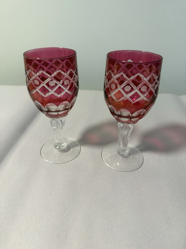 2 Bohemian Czech Cut To Clear Crystal Cordial Wine Cocktail Glasses Cranberry