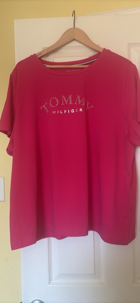 Tommy Hilfiger Pink Rhinestone Logo Plus Size 2X Short Sleeve T-Shirt