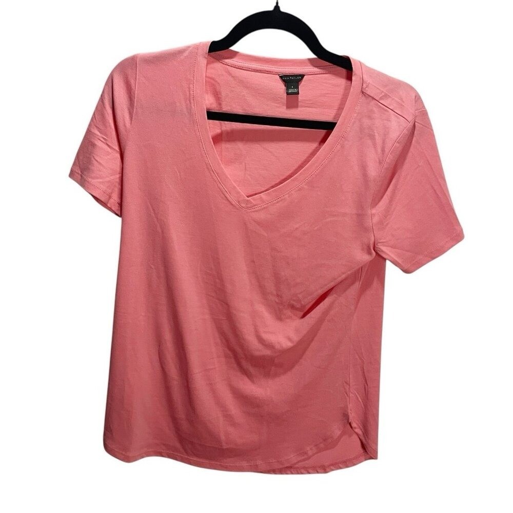 Ann Taylor S Womens Pink Cotton Short Sleeve V-Neck Pullover T-Shirt
