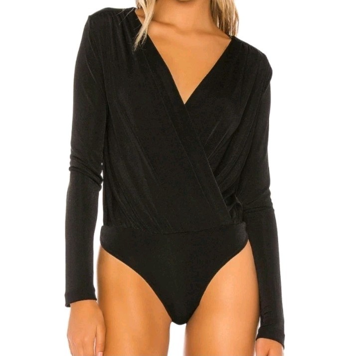 Intimately Free People Turnt Surplice Plunge Bodysuit Black Sexy V-Neck Size XS