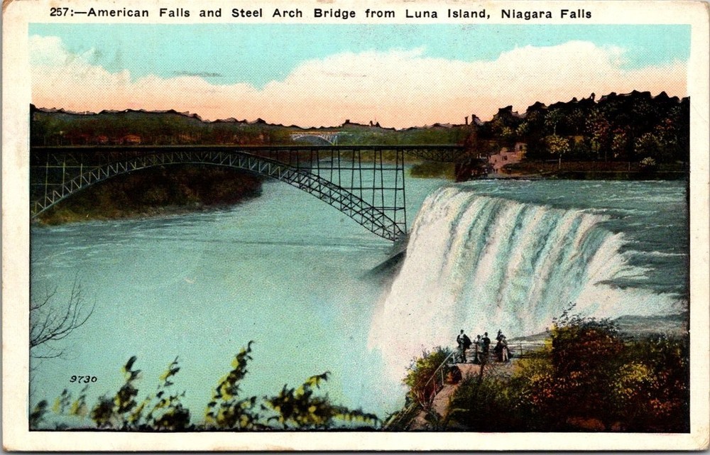 1924 Niagara Falls American Falls Steel Arch Bridge Luna Island Postcard