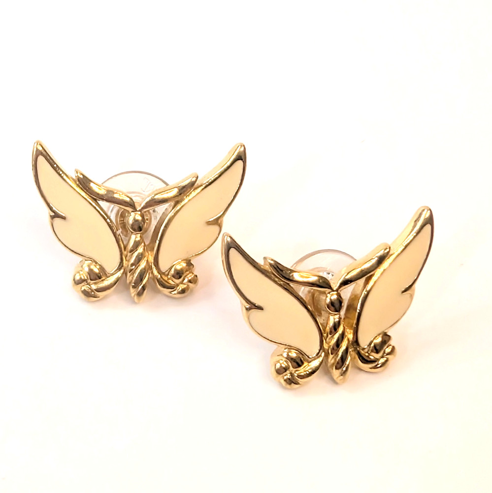 Trifari Butterfly Stud Earrings Gold Tone Cream Enamel Mid-Century Vintage