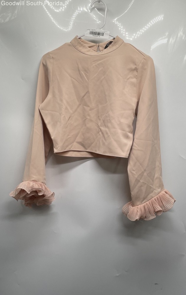 Zara Womens Beige Ruffle Long Sleeve Mock Neck Cropped Blouse Top Size XS