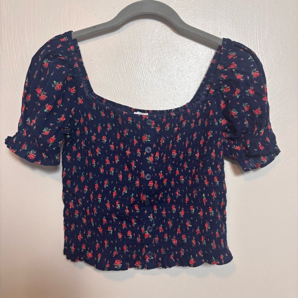 NWT Aerie Women's Top Crop Floral Off Shoulder Rose Smocked Blue Red Size Small
