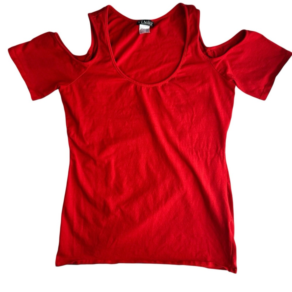 Red Cold Shoulder Scoop Neck Stretch Top Y2K Fitted Short Sleeve Tee Large
