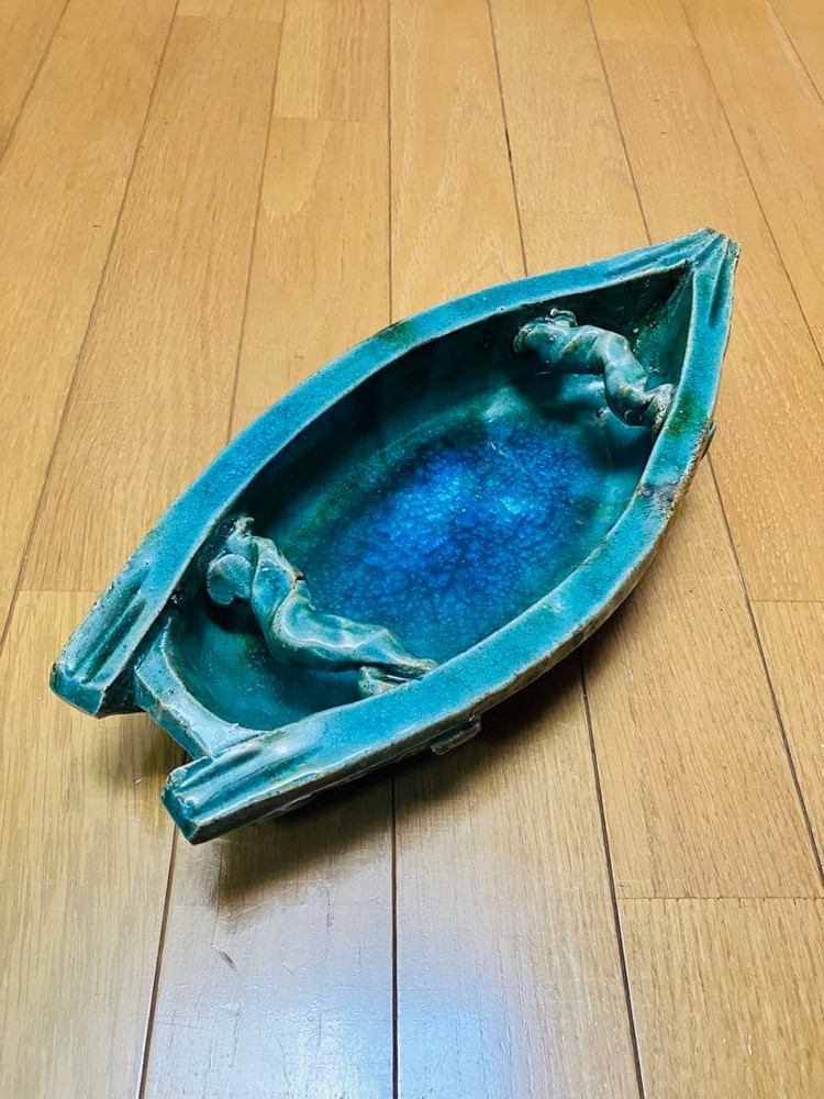 Shigaraki Ware Tanukian Boat Vase Flower Arrangement Green Blue Pot
