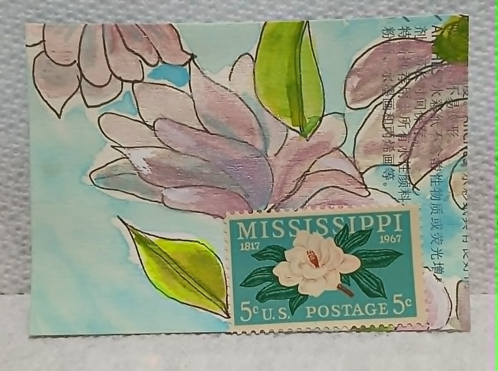 Postal Whimsy OOAK ACEO Mississippi Magnolia 5¢ Stamp Watercolor & Ink Florals