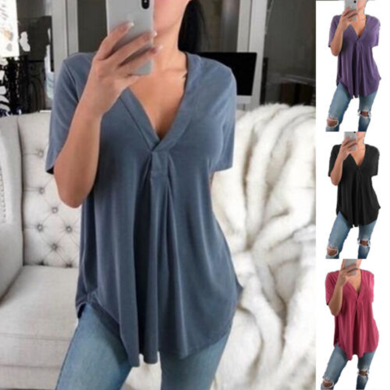 Womens Loose Fit Short Sleeve T-Shirt V-Neck Casual Basic Tunic Tops Long Blouse
