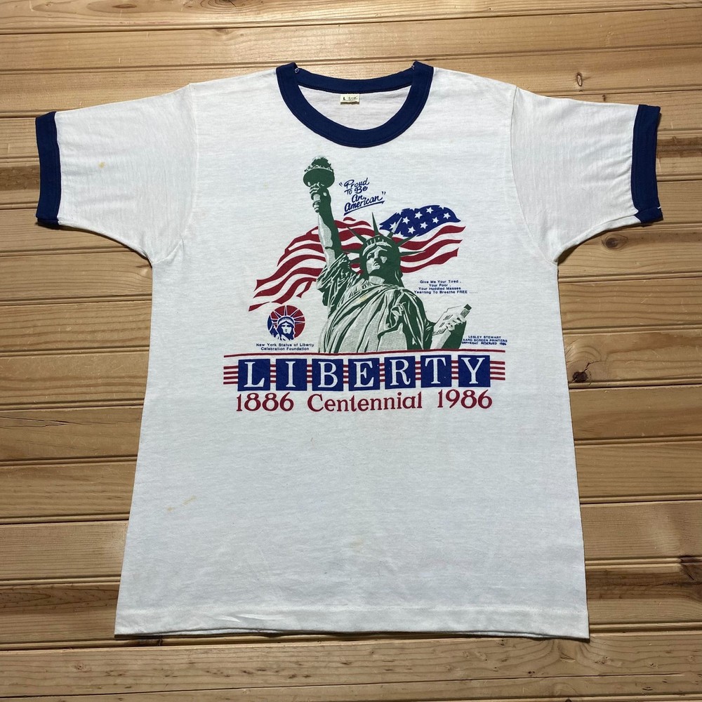 Vintage 1986 Statue of Liberty Centennial American Flag Ringer T-Shirt USA Large