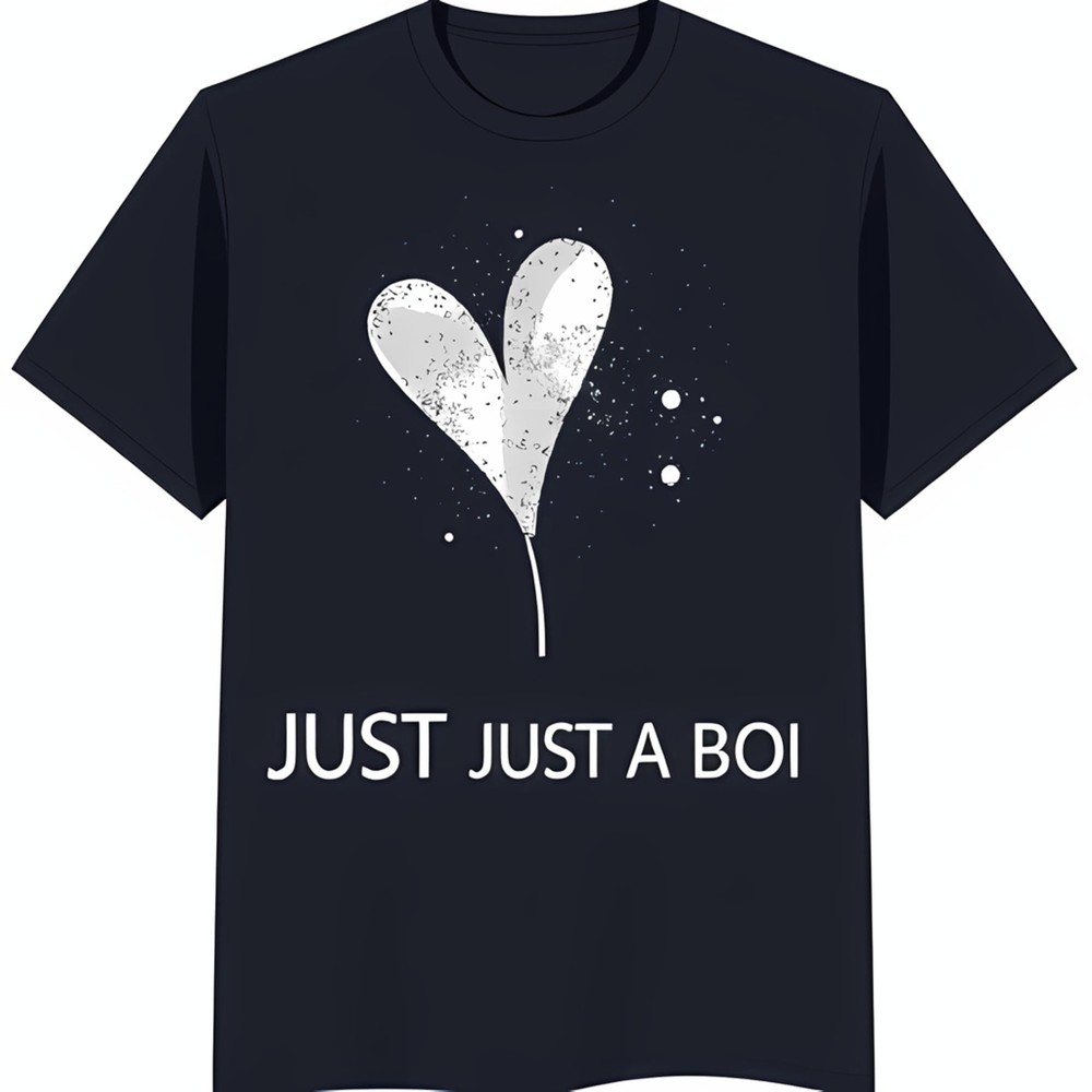Black T-Shirt with White Heart Graphic & 'JUST JUST A BOI' Text