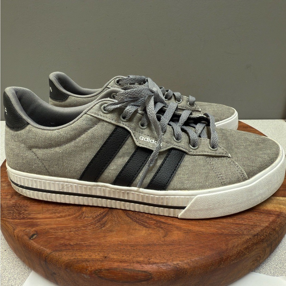 Adidas Daily 3.0 casual shoes in a grey washed canvas with black stripes.  Sz 10