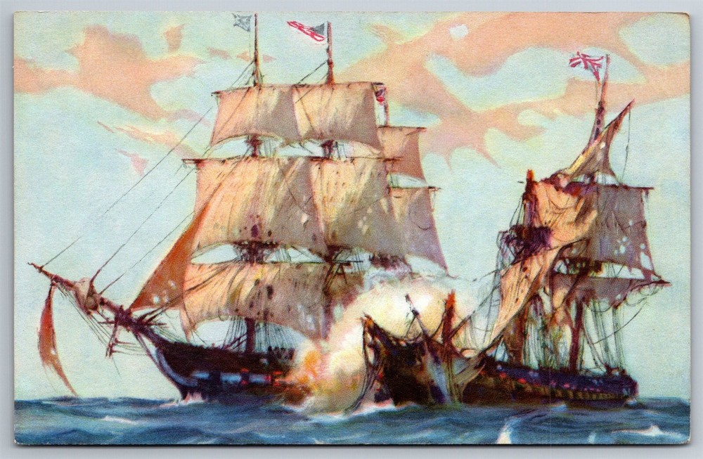 USF Constitution Defeating HMS Java Dec 29 1812 Old Ironsides Postcard C1950 J2
