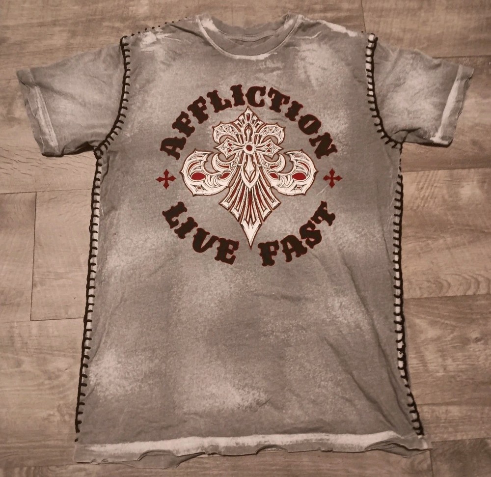 Affliction Live Fast Men’s Gray Graphic Skull T-Shirt M Cotton Crew Neck