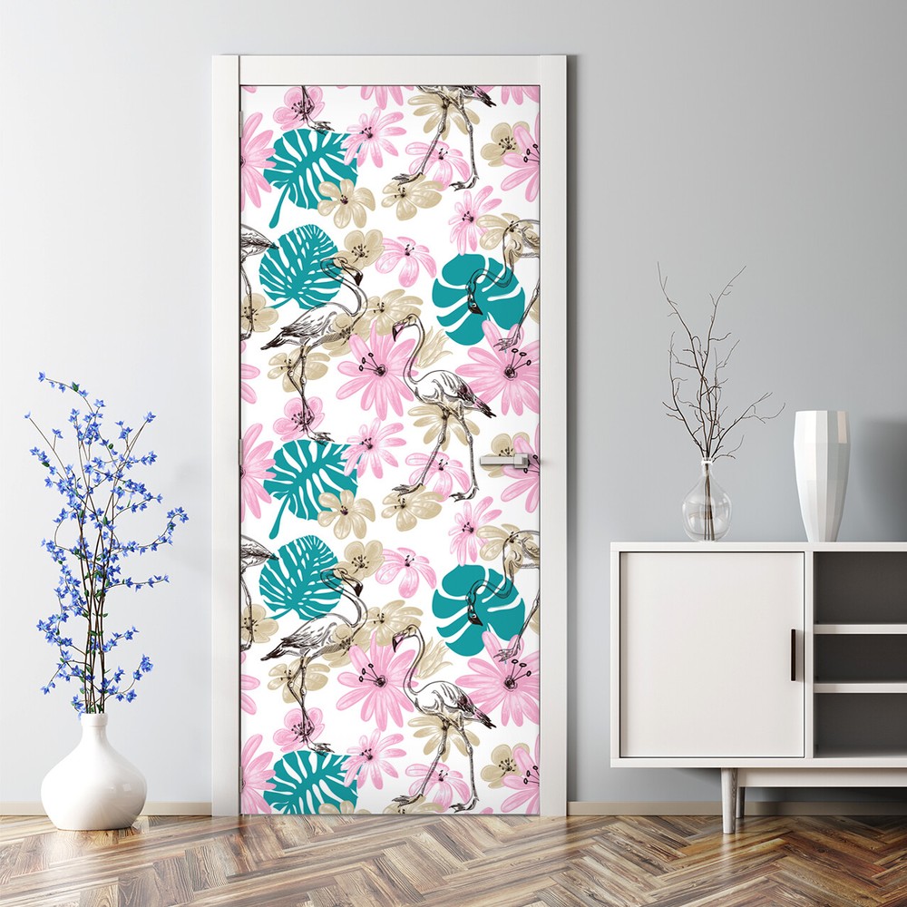 Pink flamingo Bubble Free Door sticker pink mural Self Adhesive Peel & Stick