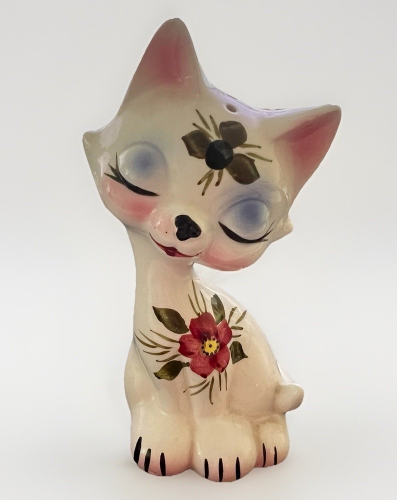 Vintage Enesco Japan Cat Salt Pepper Shaker Floral Hand Painted Cute