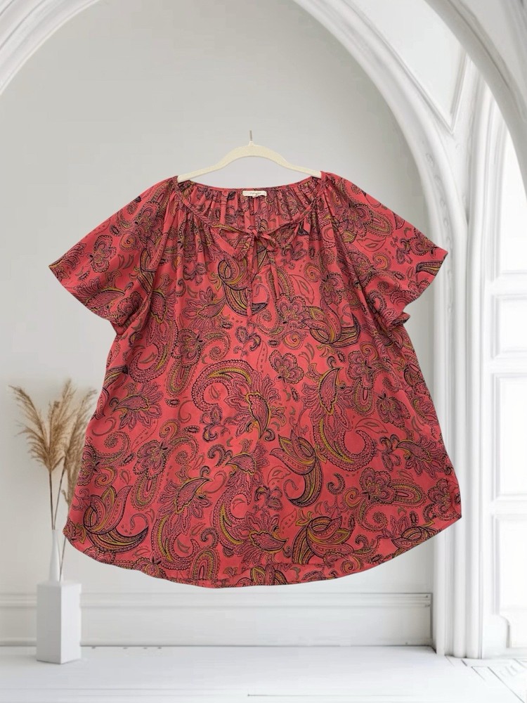 Maurices Womens Pink Paisley Print Tie Neck Top Size 1X Flutter Sleeve Boho Chic