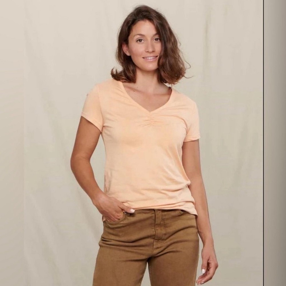 NWT Toad&Co Organic Cotton & Tencel Gathered V Neck Rose Tee In Buckthorn