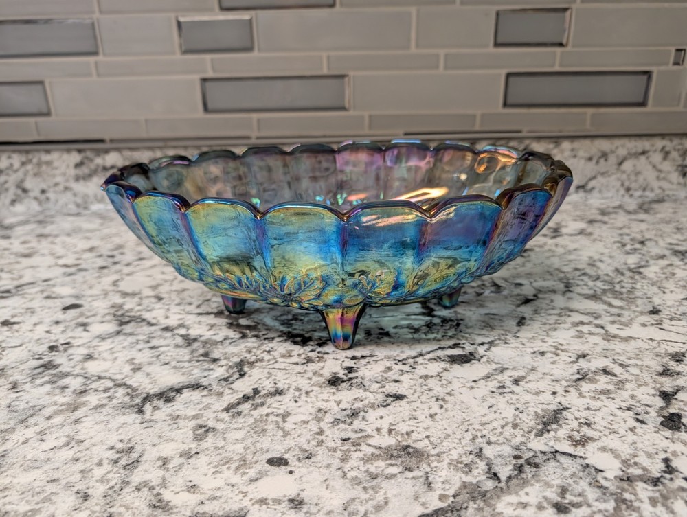 Vintage Indiana Iridescent Blue Carnival Glass Harvest Grape Oval Footed Bowl
