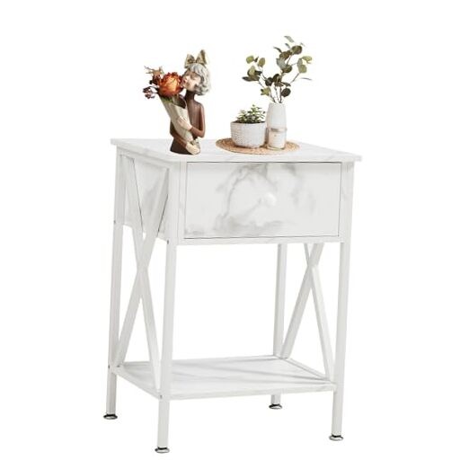 Modern White Marble Nightstand - Bedside End Table with Drawer, Set of 1