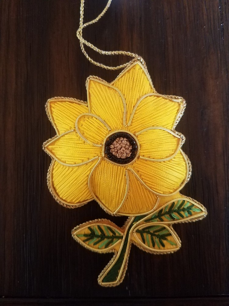 Embroidered Yellow Satin Flower Plush Christmas Tree Ornament